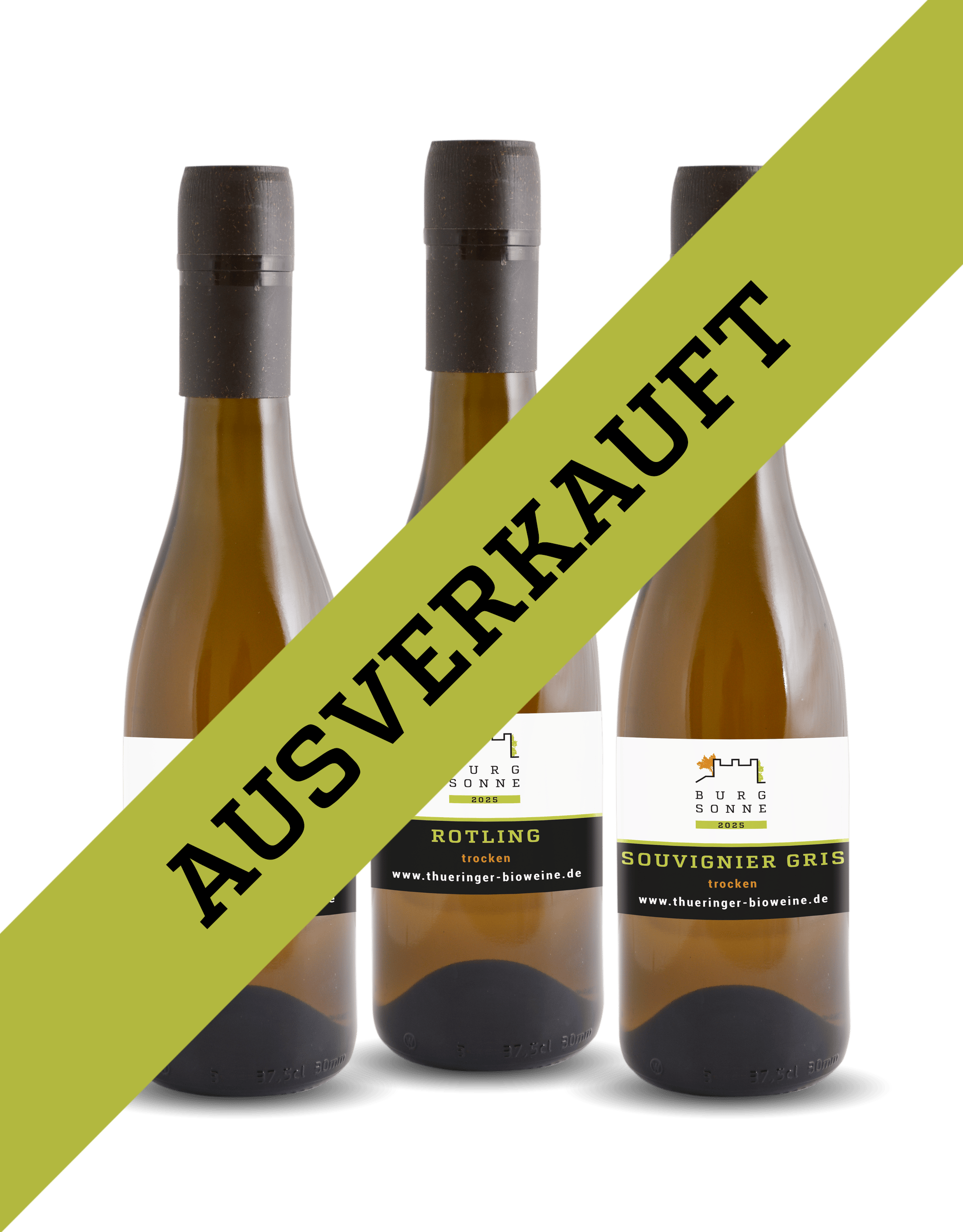 Drei Weinflaschen der Sorten Souvignier Gris (zwei unterschiedliche Weinberge) und Rotling, trocken